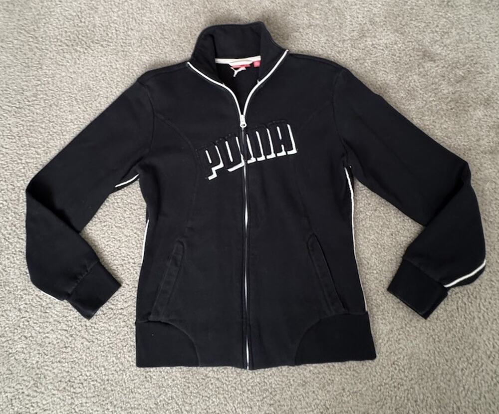 Puma Womens Large Black Full Zip Track Jacket Spellout Logo Piping Retro